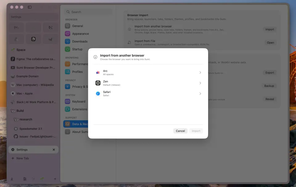 Sumi importing browser data from Arc, Zen, Chrome, Safari, or Firefox